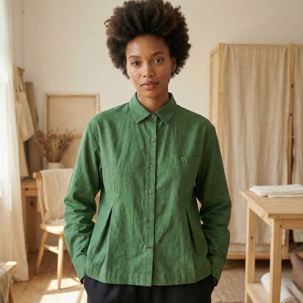 Khadi & Co Bess Nielsen Long Sleeve Button up Blouse in Green Women's Size L